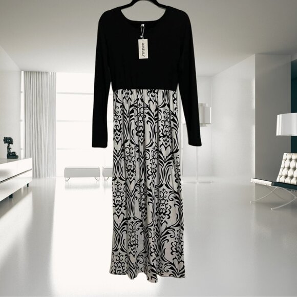 Auselily Black & White Long Sleeve Maxi Dress | Size Small | NWT | Boho Chic - Picture 1 of 12